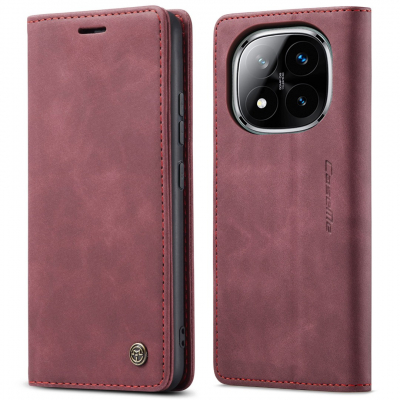 Husa slim piele, tip portofel, stand, inchidere magnetica, textura catifelata, Xiaomi Redmi Note 14 Pro 4G - CaseMe, Visiniu