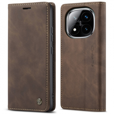 Husa slim piele, tip portofel, stand, inchidere magnetica, textura catifelata, Xiaomi Redmi Note 14 Pro 4G - CaseMe, Maro coffee