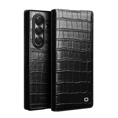 Husa eleganta pentru Samsung Galaxy Z Fold7, din piele naturala, finisaj premium, tip carte, slim, stand video, Qialino, Negru - Crocodile Black