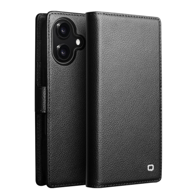 Husa polivalenta pentru iPhone 17 din piele naturala de bovina, carcasa detasabila magnetic si portofel integrat, compatibil MagSafe si suporturi auto magnetice, inchidere magnetica discreta, Qialino, Negru - Heritage Black