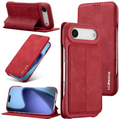 Husa slim tip carte pentru iPhone Air, cu buzunar pentru card, functie stand pentru vizionare video, decupaj pentru convorbiri cu clapeta inchisa, inchidere magnetica, CaseMe, Rosu