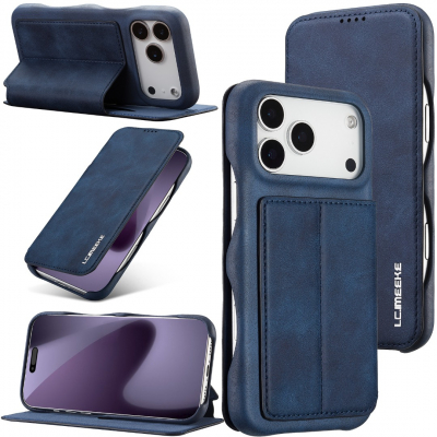 Husa slim tip carte pentru iPhone 17 Pro, cu buzunar pentru card, functie stand pentru vizionare video, decupaj pentru convorbiri cu clapeta inchisa, inchidere magnetica, CaseMe, Albastru inchis