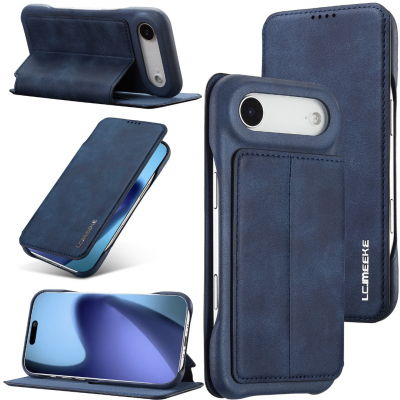 Husa slim tip carte pentru iPhone Air, cu buzunar pentru card, functie stand pentru vizionare video, decupaj pentru convorbiri cu clapeta inchisa, inchidere magnetica, CaseMe, Albastru inchis