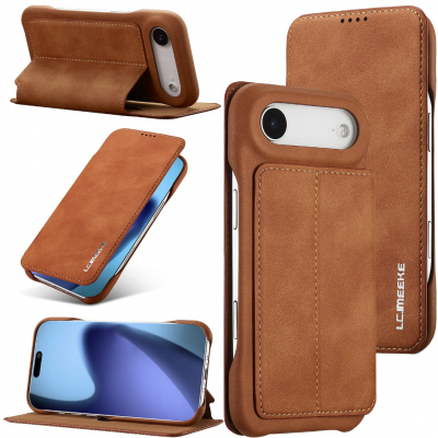 Husa slim tip carte pentru iPhone Air, cu buzunar pentru card, functie stand pentru vizionare video, decupaj pentru convorbiri cu clapeta inchisa, inchidere magnetica, CaseMe, CaseMe, Maro