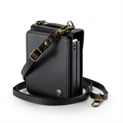 Husa / Portofel / Geanta piele textura moale si aderenta in mana, tip carcasa, protectie completa, 2 curele detasabile, buzunar carduri, Samsung Galaxy Z Flip7, CaseMe, Negru