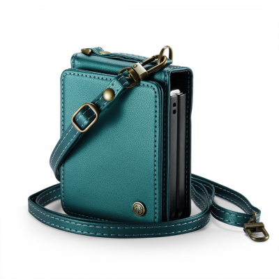 Husa / Portofel / Geanta piele textura moale si aderenta in mana, tip carcasa, protectie completa, 2 curele detasabile, buzunar carduri, Samsung Galaxy Z Flip7, CaseMe, Verde