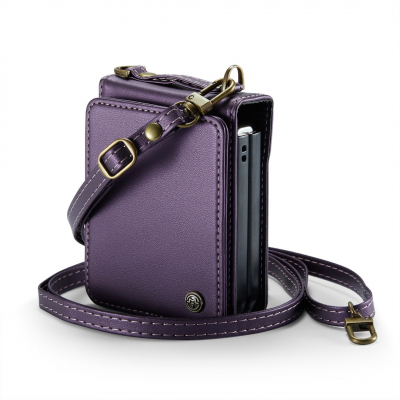 Husa / Portofel / Geanta piele textura moale si aderenta in mana, tip carcasa, protectie completa, 2 curele detasabile, buzunar carduri, Samsung Galaxy Z Flip7, CaseMe, Mov