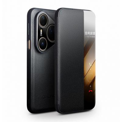 Husa pentru Huawei Pura 80 Ultra – Qialino Smart Luxury, piele naturala, slim smart cover, eleganta, culoare Negru - Noir Classic