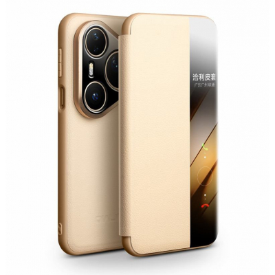 Husa pentru Huawei Pura 80 Ultra – Qialino Smart Luxury, piele naturala, slim smart cover, eleganta, culoare Auriu - Champagne beige