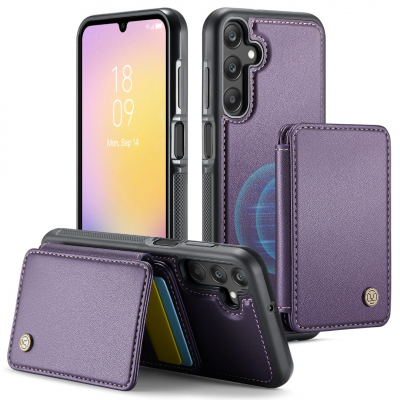 Husa piele cu textura moale si aderenta in mana, back cover, mini portofel magnetic detasabil, slot carduri, functie stand, protectie RFID, Samsung Galaxy A25, CaseMe, Mov