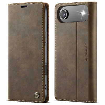 Husa pentru iPhone Air - Slim tip portofel, cu stand si inchidere magnetica – textura neteda, aderenta sigura, usor de curatat, design curat si minimalist, CaseMe, Brun clasic