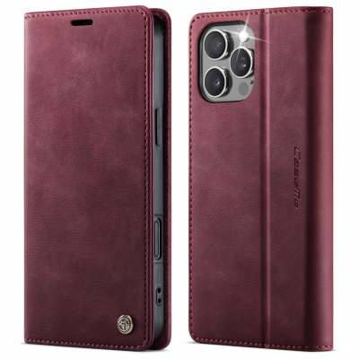 Husa pentru iPhone 16 Pro Max - Slim tip portofel, cu stand si inchidere magnetica – textura neteda, aderenta sigura, usor de curatat, design curat si minimalist, CaseMe, Rosu burgundy
