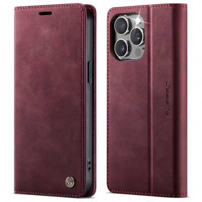 Husa pentru iPhone 14 Pro Max - Slim tip portofel, cu stand si inchidere magnetica – textura neteda, aderenta sigura, usor de curatat, design curat si minimalist, CaseMe, Rosu burgundy