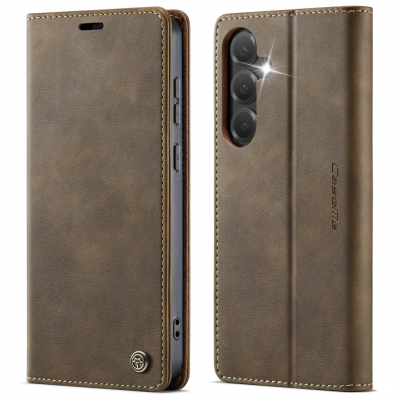 Husa pentru Samsung Galaxy S25 FE - Slim tip portofel, cu stand si inchidere magnetica – textura neteda, aderenta sigura, usor de curatat, design curat si minimalist, CaseMe, Brun clasic