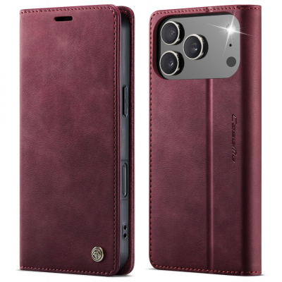 Husa pentru iPhone 17 Pro - Slim tip portofel, cu stand si inchidere magnetica – textura neteda, aderenta sigura, usor de curatat, design curat si minimalist, CaseMe, Rosu burgundy