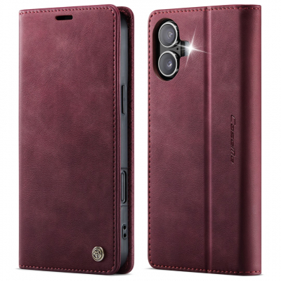 Husa pentru iPhone 17 - Slim tip portofel, cu stand si inchidere magnetica – textura neteda, aderenta sigura, usor de curatat, design curat si minimalist, CaseMe, Rosu burgundy