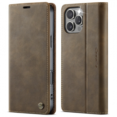 Husa pentru iPhone 16 Pro - Slim tip portofel, cu stand si inchidere magnetica – textura neteda, aderenta sigura, usor de curatat, design curat si minimalist, CaseMe, Brun clasic