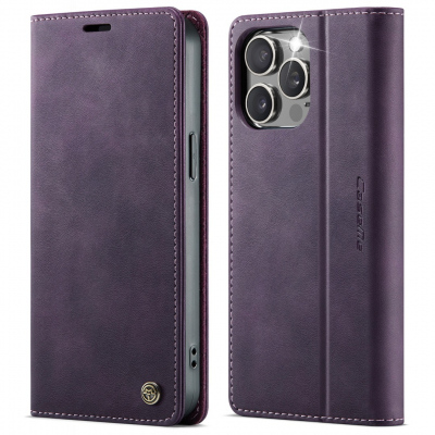 Husa pentru iPhone 14 Pro - Slim tip portofel, cu stand si inchidere magnetica – textura neteda, aderenta sigura, usor de curatat, design curat si minimalist, CaseMe, Violet regal