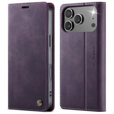Husa pentru iPhone 17 Pro - Slim tip portofel, cu stand si inchidere magnetica – textura neteda, aderenta sigura, usor de curatat, design curat si minimalist, CaseMe, Violet regal