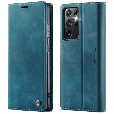 Husa pentru Samsung Galaxy S21 Ultra - Slim tip portofel, cu stand si inchidere magnetica – textura neteda, aderenta sigura, usor de curatat, design curat si minimalist, CaseMe, Teal - Albastru verzui