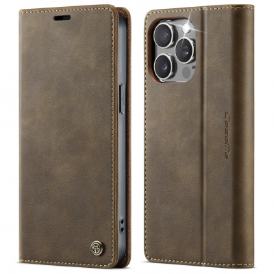 Husa pentru iPhone 14 Pro - Slim tip portofel, cu stand si inchidere magnetica – textura neteda, aderenta sigura, usor de curatat, design curat si minimalist, CaseMe, Brun clasic