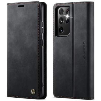 Husa pentru Samsung Galaxy S21 Ultra - Slim tip portofel, cu stand si inchidere magnetica – textura neteda, aderenta sigura, usor de curatat, design curat si minimalist, CaseMe, Negru carbon