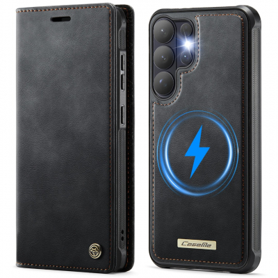 Husa 2in1 pentru Samsung Galaxy S26 Ultra, CaseMe, portofel cu carcasa detasabila magnetica, functie stand, inchidere magnetica, textura neteda, usor de curatat, design minimalist, Negru carbon