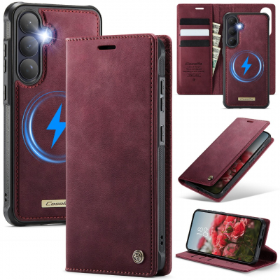 Husa 2in1 pentru Samsung Galaxy S26, CaseMe, portofel cu carcasa detasabila magnetica, functie stand, inchidere magnetica, textura neteda, usor de curatat, design minimalist, Rosu burgundy