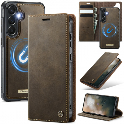 Husa 2in1 pentru Samsung Galaxy A57, CaseMe, portofel cu carcasa detasabila magnetica, functie stand, inchidere magnetica, textura neteda, usor de curatat, design minimalist, Brun clasic