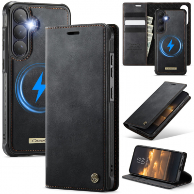 Husa 2in1 pentru Samsung Galaxy S26, CaseMe, portofel cu carcasa detasabila magnetica, functie stand, inchidere magnetica, textura neteda, usor de curatat, design minimalist, Negru carbon