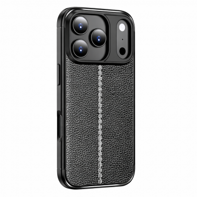 Husa pentru iPhone 17 Pro din silicon si TPU cu model piele, back cover slim cu aderenta ridicata, CaseMe, Negru