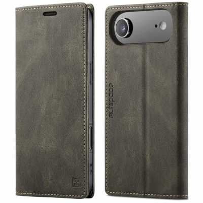 Husa pentru iPhone Air - Slim, piele moale cu textura aderenta tip piele intoarsa, portofel cu protectie RFID, functie stand pentru vizionare video, inchidere magnetica, CaseMe Retro, Maro - Stone Grey