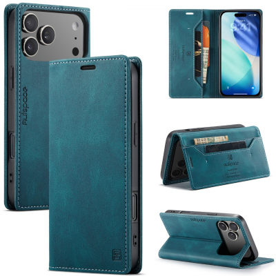 Husa pentru iPhone 17 Pro - Slim, piele moale cu textura aderenta tip piele intoarsa, portofel cu protectie RFID, functie stand pentru vizionare video, inchidere magnetica, CaseMe Retro,, Albastru - Ocean Teal