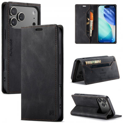 Husa pentru iPhone 17 Pro - Slim, piele moale cu textura aderenta tip piele intoarsa, portofel cu protectie RFID, functie stand pentru vizionare video, inchidere magnetica, CaseMe Retro, Negru - Ash Black