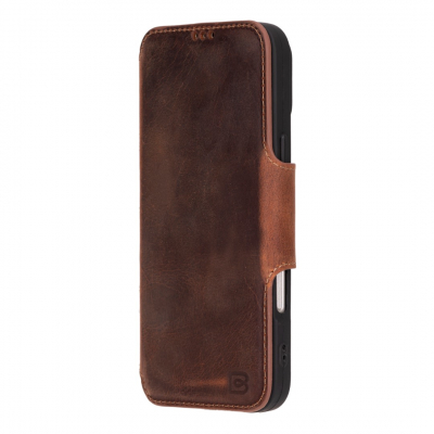 Husa slim pentru iPhone 16 Pro Max - din piele naturala premium (interior/exterior), design simplu si durabill. tip carte, inchidere sigura cu banda magnetica, suport stand & buzunare carduri, Bouletta Firenze, Rustic black