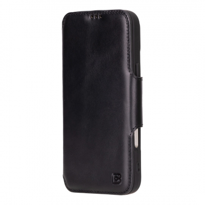 Husa slim pentru iPhone 16 Pro Max - din piele naturala premium (interior/exterior), design simplu si durabill. tip carte, inchidere sigura cu banda magnetica, suport stand & buzunare carduri, Bouletta Firenze, Rustic black