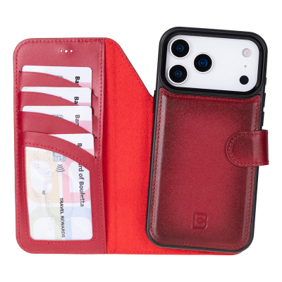 Husa piele naturala 2 in 1, cu MagSafe, tip portofel + back cover, iPhone 17 Pro Max - Bouletta Magic Wallet, Burnished red