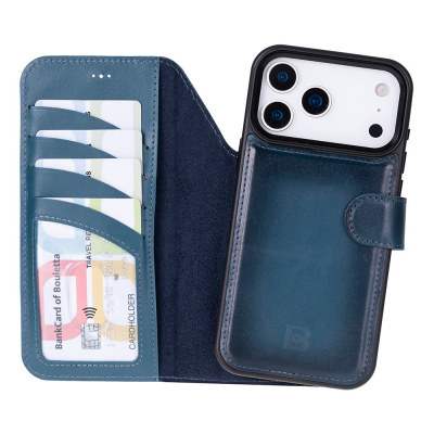 Husa piele naturala 2 in 1, cu MagSafe, tip portofel + back cover, iPhone 17 Pro Max - Bouletta Magic Wallet, Burnished blue