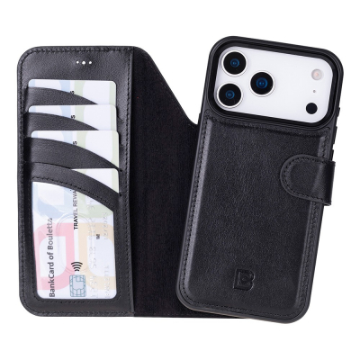 Husa piele naturala 2 in 1, cu MagSafe, tip portofel + back cover, iPhone 17 Pro Max - Bouletta Magic Wallet, Rustic black