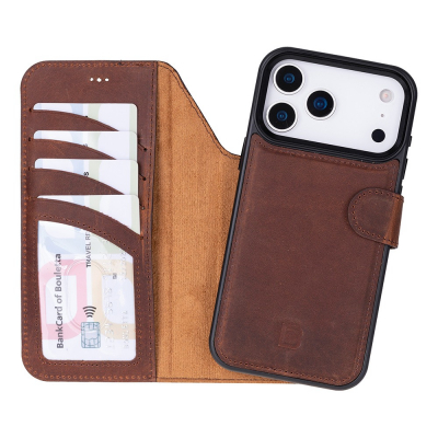 Husa piele naturala 2 in 1, cu MagSafe, tip portofel + back cover, iPhone 17 Pro Max - Bouletta Magic Wallet, Antique brown