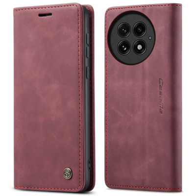 Husa slim piele, tip portofel, stand, inchidere magnetica, textura catifelata, OnePlus 13 - CaseMe, Visiniu