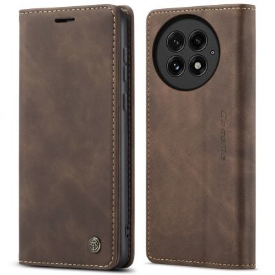 Husa slim piele, tip portofel, stand, inchidere magnetica, textura catifelata, OnePlus 13 - CaseMe, Maro coffee