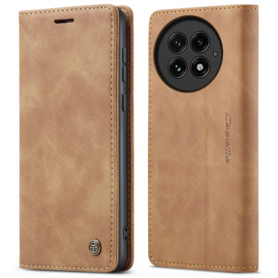 Husa slim piele, tip portofel, stand, inchidere magnetica, textura catifelata, OnePlus 13 - CaseMe, Maro