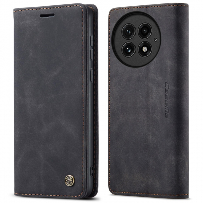 Husa slim piele, tip portofel, stand, inchidere magnetica, textura catifelata, OnePlus 13 - CaseMe, Negru