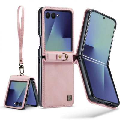 Husa pentru Samsung Galaxy Z Flip7, piele cu textura moale, carcasa cu curelusa de mana detasabila, protectie pentru balama si colturi, CaseMe Retro, Roz - Dusty pink