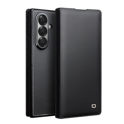 Husa din piele naturala pentru Samsung Z Fold7, design elegant, finisaj premium, cusatura alba in contrast, tip carte, slim, suport video, Qialino Full Grain, Negru - Urban Black