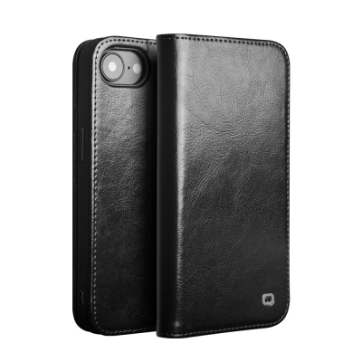 Husa pentru iPhone 17e – piele naturala fina, tip carte, sloturi carduri si bani, functie stand, Qialino Classic Wallet, Negru - Black Prestige