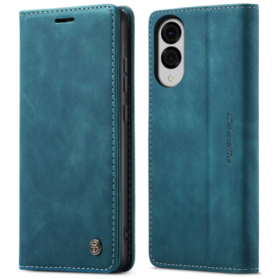 Husa slim piele, tip portofel, stand, inchidere magnetica, textura catifelata, Samsung Galaxy S25 Edge - CaseMe, Albastru verzui