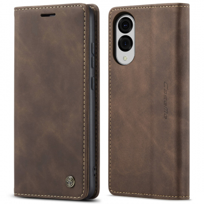 Husa slim piele, tip portofel, stand, inchidere magnetica, textura catifelata, Samsung Galaxy S25 Edge - CaseMe, Maro coffee