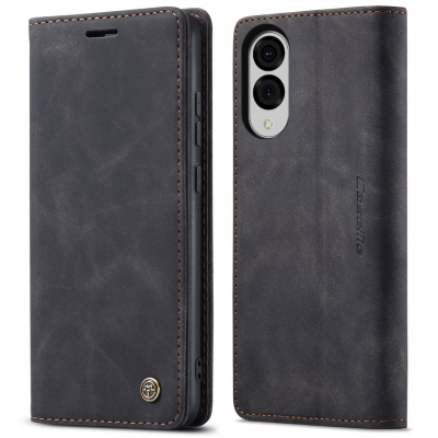 Husa slim piele, tip portofel, stand, inchidere magnetica, textura catifelata, Samsung Galaxy S25 Edge - CaseMe, Negru